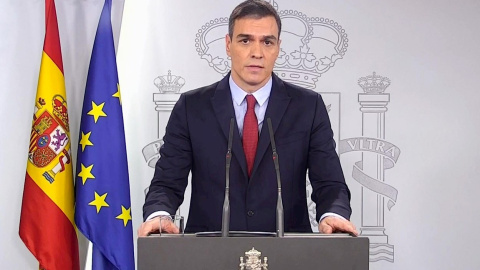 Captura de vídeo del presidente del Gobierno, Pedro Sánchez, en una declaración institucional en el Palacio de la Moncloa. EFE/EFE-TV