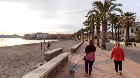 12/03/2020.- Mujeres pasean a sus perros en el paseo marítimo de la playa de Calabardina, Águilas, Murcia, este jueves. La Federación de Municipios de la Región de Murcia (FMRM) ha instado a los madrileños que han decidido viajar a los municipios cos