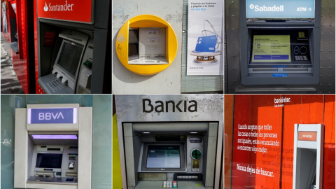 Cajeros automáticos de los seis mayores bancos españoles: Banco Santander, Caixabank, Banco Sabadell, BBVA, Bankia y Bankinter. E.P.