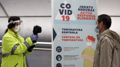 Una voluntaria de la DYA toma la temperatura a una viajero antes de embarcar en una unidad del metro de Bilbao. EFE/LUIS TEJIDO.