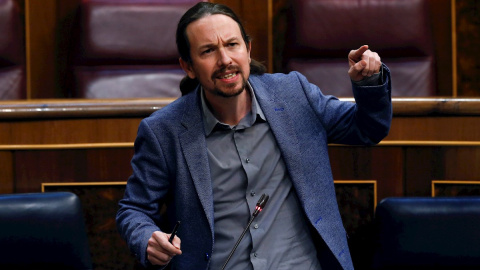 21/05/2020.- El vicepresidente tercero del Gobierno, Pablo Iglesias, interviene durante el pleno del Congreso este miércoles. EFE/Kiko Huesca