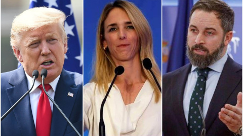 De izquierda a derecha: Donald Trump, presidente de los EEUU; Cayetana Álvarez de Toledo, portavoz del PP; y Santiago Abascal, líder de Vox.- AFP y EFE