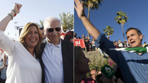 Susana Díaz, con Alfonso Guerra, y Pedro Sánchez en sus respectivos mítines en Sevilla. EFE