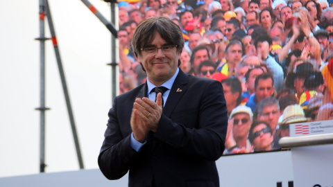 Pla mig de l'eurodiputat, Carles Puigdemont, després de pronunciar el seu discurs a l'acte del Consell per la República. Imatge del 29 de febrer del 2020. Eli Don | ACN