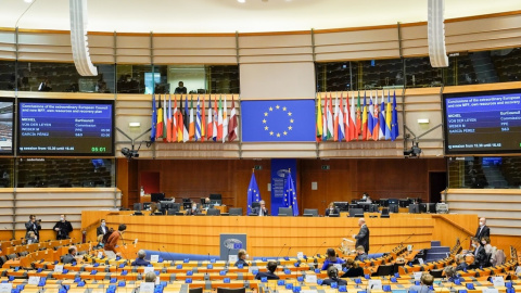 Vista del hemiciclo del Parlamento Europeo en Bruselas, durante el debate de las medidas para afrontar la crisis del coronavirus.