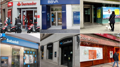 Oficinas de los seis grandes bancos españoles, Santader, Bankia, BBVA, Caixabank, Bankinter y Sabadell. E.P./EFE