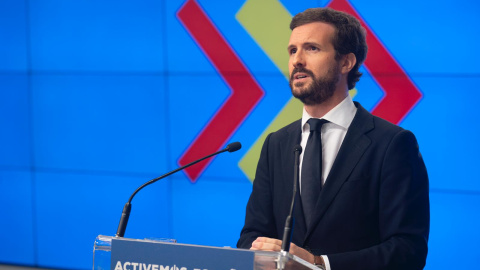 El presidente del PP, Pablo Casado, durante la Junta Directiva Nacional. Fuente: PP/David Mudarra.