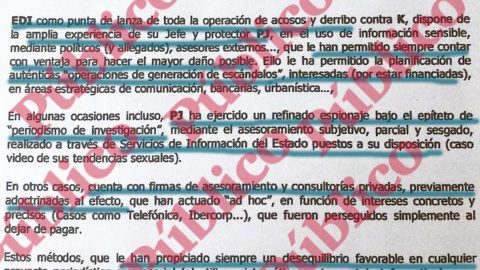 Fragmento del informe de Villarejo para Cursach en el que se detalla la práctica de "operaciones de generación de escándalos" y de "refinado espionaje bajo el epíteto de periodismo de investigación" por parte de Pedro J. Ramírez.