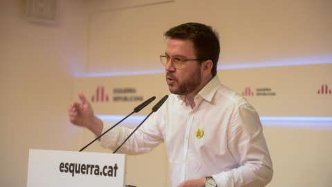 El vicepresident de la Generalitat i dirigent d'ERC, Pere Aragonès, durant la roda de premsa posterior al Consell Nacional dels republicans. ERC