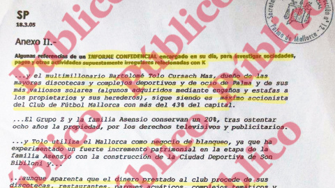 Comienzo del segundo anexo del informe que elaboró el comisario Villarejo para el capo balear Cursach, a cambio de más de medio millón de euros.