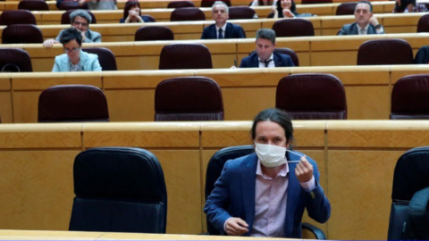 El vicepresidente segundo y ministro de Derechos Sociales y Agenda 2030, Pablo Iglesias, durante una sesión de control al Gobierno en el Pleno del Senado.