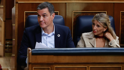  El presidente del Gobierno, Pedro Sánchez (i) y la ministra de Trabajo, Yolanda Díaz (d) este jueves en el Congreso donde el presidente comparece para informar de las medidas económicas y sociales adoptadas ante la crisis provocada por la guerra en Uc