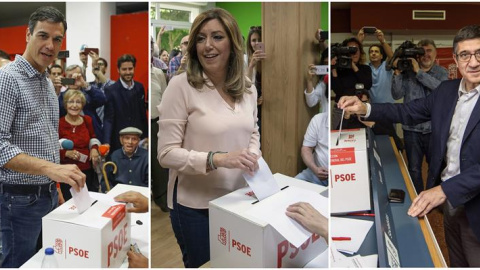 Los candidatos a la Secretaría General del PSOE en el momento de votar: Pedro Sánchez, Susana Díaz y Patxi López / EFE