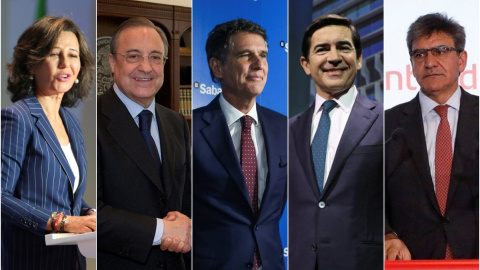 De izq. a der., Ana Botín (presidenta del Banco Santander), Florentino Pérez (presidente de ACS), Jaime Guardiola (consejero delegado del Banco Sabadell), Carlos Torres (presidente de BBVA), y José Antonio Álvarez (consejero delegado de Banco Santande