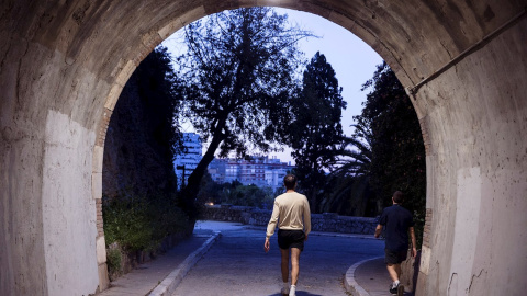 Dos personas caminan a primera hora de la mañana por el centro de Málaga dentro de la nueva normativa que permite hacer actividad en dos franjas horarias. EFE/Jorge Zapata