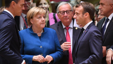 Pedro Sánchez en una imagen de archivo de 2018, con Angela Merkel, Emanuel Macron y Jean-Claude Juncker. AFP