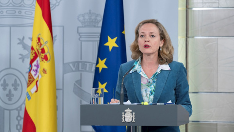 La vicepresidenta de Asunto Económicos, Nadia Calviño, en rueda de Prensa./ EFE/MONCLOA/Borja Puig de la Bellacasa