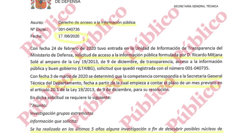 Encabezado de la inadmisión del acceso a la información sobre los núcleos de extrema derecha en el Ejército decidida por la Secretaría General Técnica de la Subsecretaría de Defensa.