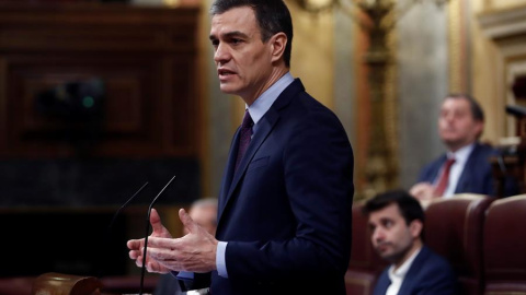 El presidente del Gobierno, Pedro Sánchez, durante su comparecencia este miércoles en el Congreso de los Diputados. EFE