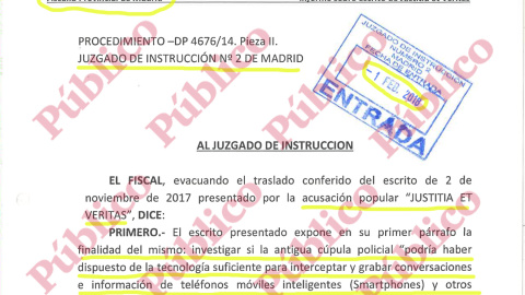 Encabezamiento del informe del fiscal Alfonso San Román oponiéndose a investigar la compra ilegal del sistema israelí de interceptación de smartphones que se usó para espiar a políticos catalanes.