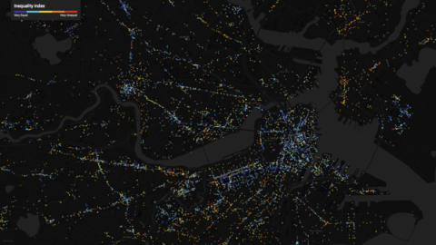 Atlas de a Desigualdad de Boston. En él se observan multitud de puntos de colores que indican los niveles de desigualdad, que van desde el rojo para los lugares más segregados al azul para lo contrario. / MIT MediaL