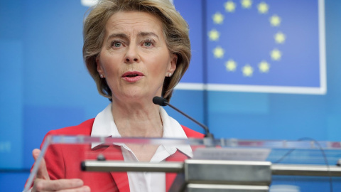 Brussels (Belgium), 17/03/2020.- European Commission President Ursula Von Der Leyen gives a joint press conference with (not pictured) European Council President Charles Michel after a video conference of the European Council on EU action on Coronavirus,