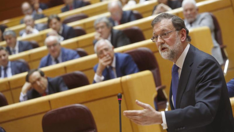 El presidente del Gobierno, Mariano Rajoy, durante su intervención en la sesión de control al Gobierno esta tarde en el Senado. EFE/Javier Lizón