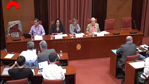 Carlos Enrique Bayo y Patricia López (sentados a la izquierda), durante su intervención en la Comisión de Investigación sobre la Operación Catalunya. /PÚBLICO