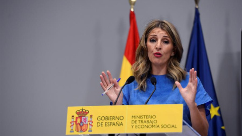 GRAF7227. MADRID, 25/06/2020.- La ministra de Trabajo, Yolanda Díaz, ofrece una rueda de prensa este jueves en la sede del ministerio de Trabajo, en Madrid, donde se ha anunciado el acuerdo entre el Gobierno y los autónomos para extender hasta el 30 de 