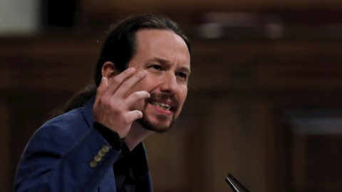 El vicepresidente Pablo Iglesias en su intervención de esta mañana en el Congreso./ Chema Moya (EFE)