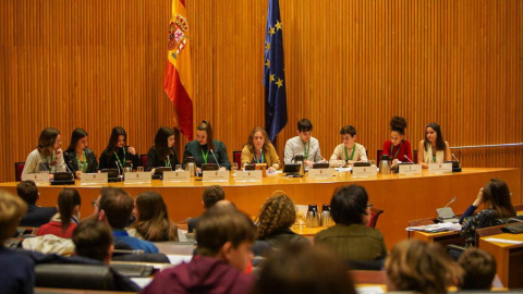 Los niños y niñas que han acudido al Congreso a debatir junto a diputados sobre la violencia infantil y el acoso escolar. /EDUCO