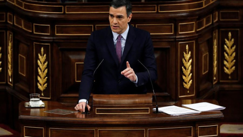 El presidente del Gobierno en funciones, Pedro Sánchez, hoy sábado en el Congreso de los Diputados durante su intervención