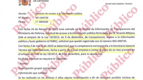 Encapçalament de la inadmissió de l'accés a la informació sobre els nuclis d'extrema dreta a l'Exèrcit decidida per la Secretaria General Tècnica de la Sotssecretaria de Defensa.