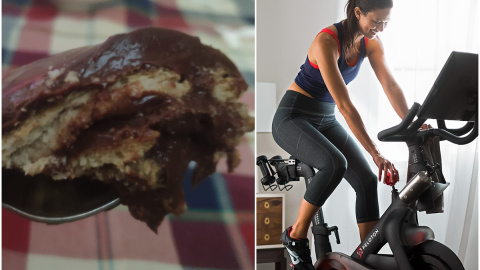 La tarta de la abuela de Eva y una joven pedaleando en una bicicleta estática. / REUTERS