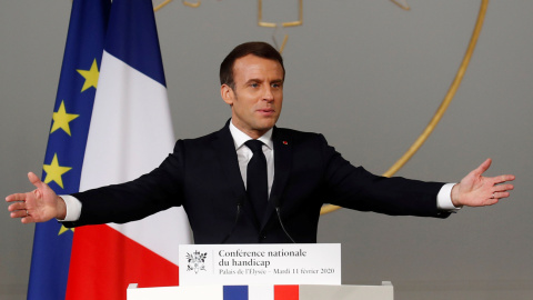 El presidente francés, Emmanuel Macron, en la conferencia de personas con discapacidad este martes. / Reuters