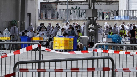 soldados germanos haciendo el test del coronavirus a los empleados de la factoría cárcnica Toennie. EFE/EPA/KORTE / BUNDESWEHR / HANDOUT