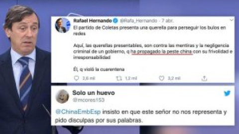 Tuiteros pidiendo perdón por las palabras xenófobas de cargos públicos: Rafa Hernando habla de "la peste china"