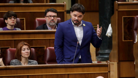 El portaveu d'ERC al Congrés, Gabriel Rufián, durant la intervenció en la sessió de control al president del Govern espanyol. EFE/ Juan Carlos Hidalgo