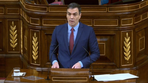 El presidente del Gobierno, Pedro Sánchez, en su comparecencia de este jueves en el Congreso de los Diputados, para reclamar el apoyo a la prórroga del estado de alarma para luchar contra el Covid-19.