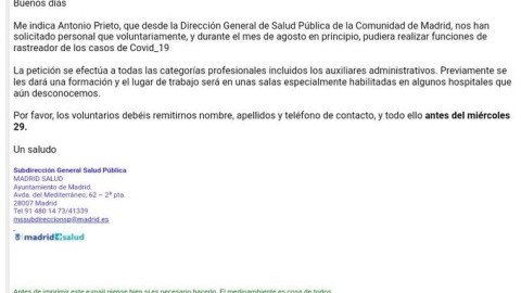 Email enviado a los trabajadores de Madrid Salud.