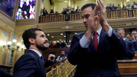 El candidato socialista Pedro Sánchez (d) recibe el saludo del líder del PP, Pablo Casado, al finalizar la sesión de investidura . EFE/ Juan Carlos Hidalgo.