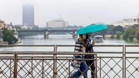 17/11/2019.- Dos personas atraviesan el puente de San Telmo en un día de lluvia en Sevilla. / EFE - JULIO MUÑOZ