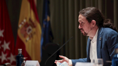 22/07/2020.- El vicepresidente segundo del Gobierno, Pablo Iglesias, durante su participación en el curso "La Agenda 2030: El gran reto mundial de esta década", dentro de los cursos de verano de la Universidad Complutense. EFE/David Fernández