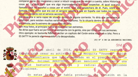 Fragmento del testimonio del presidente de la mezquita Youssef de Diegem, citando las afirmaciones de Es Satty sobre sus contactos con el CNI, y resumen de la Guardia Civil sobre esa declaración a la Fiscalía Belga.