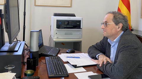 El president de la Generalitat durant la reunió telemàtica del Consell Executiu extraordinari d'aquest dissabte.