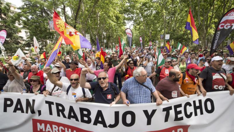 Manifestación que las Marchas de la Dignidad, que aglutinan a cuatro columnas procedentes de distintas partes de España, llevan a cabo hoy por las calles de Madrid, en su lucha contra la precariedad laboral, el paro y la degradación de la educación y 