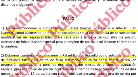 Sentencia de la Audiencia Provincial condenando a Puigrós y Llaneras por coacciones y al primero también por denuncia falsa y falso testimonio.