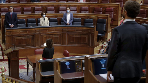 El líder del PP, Pablo Casado, de espaldas y el presidente del Ejecutivo, Pedro Sánchez, con los vicepresidentes Carmen Calvo y Pablo Iglesias en el hemiciclo del Congreso.