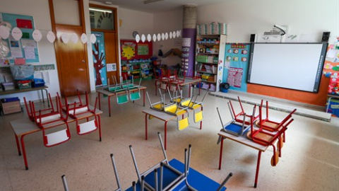 Mesas y sillas recogidas en un aula del Centro de Educación Infantil La Gacela, cerrada durante la fase 1 de la desescalada en Valencia. / EuropaPress