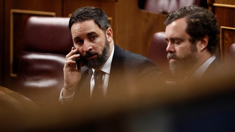 El líder de Vox, Santiago Abascal durante el pleno del Congreso de los diputados en Madrid este jueves. EFE/Mariscal